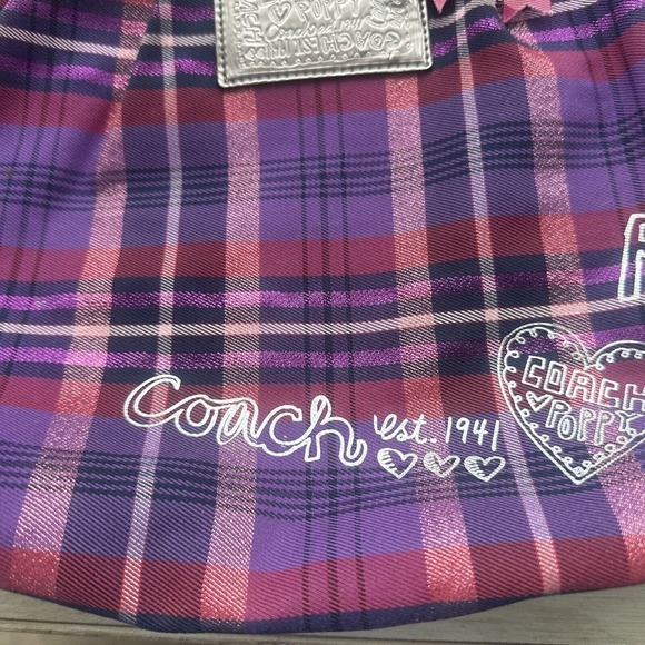 Coach Poppy Plaid Purple Pink Handbag Large gray condition - Picture 3 of 16